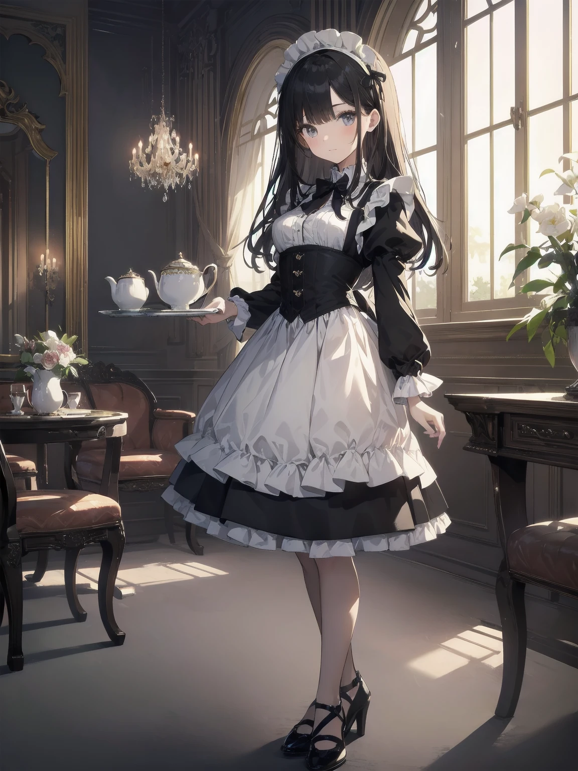 Illustration of a beautiful girl in a cute pose,(Masterpiece: 1.2), (Best quality: 1.2), A cute girl with long black hair, dressed in a classic black and white maid outfit with frilly lace and a matching headband, is standing in a beautifully decorated Victorian-style parlor. She is holding a silver tray with a teapot and teacup, her expression a mix of professionalism and warmth. The background includes ornate furniture, a chandelier, and large windows with heavy drapes, all bathed in soft afternoon light. This illustration emphasizes the elegant and welcoming atmosphere of a high-class tea service