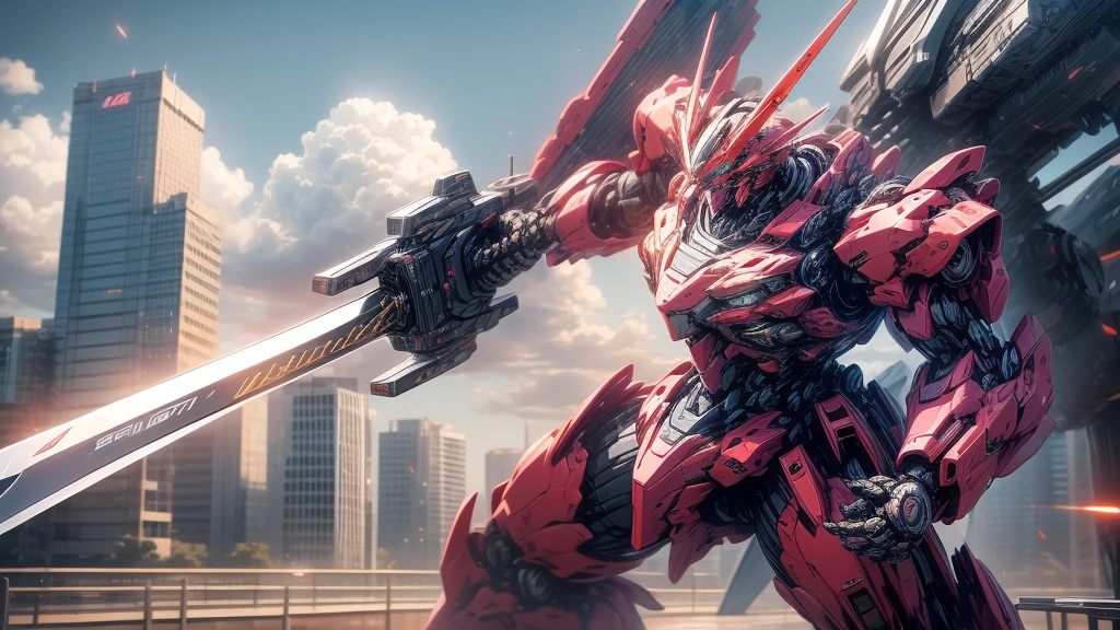 sky, cloud, tenure_weapon, No_humans, bright, Robot gigante, camera look, Gundam, (Japan sword), dual grip, Robot gigante, Japan, building, bright_eyes, mecha, Science fiction, Japan, city, reality, mecha, combat, laser,cannon, weapons
