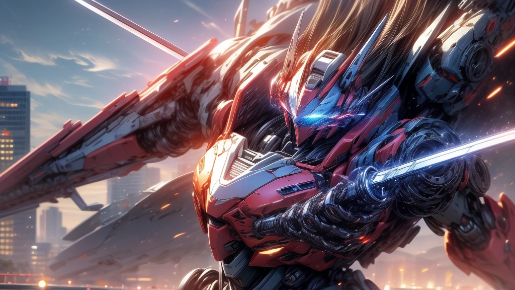 sky, cloud, tenure_weapon, No_humans, bright, Robot gigante, camera look, Gundam, (Japan sword), dual grip, Robot gigante, Japan, building, bright_eyes, mecha, Science fiction, Japan, city, reality, mecha, combat, laser,cannon, weapons