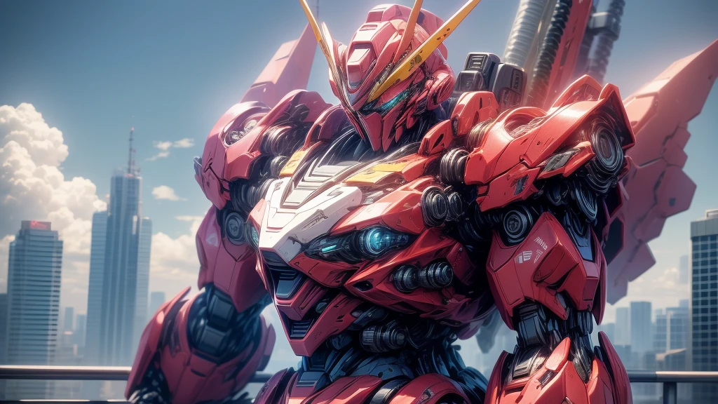 sky, cloud, tenure_weapon, No_humans, bright, Robot gigante, camera look, Gundam, (Japan sword), dual grip, Robot gigante, Japan, building, bright_eyes, mecha, Science fiction, Japan, city, reality, mecha, combat, laser,cannon, weapons