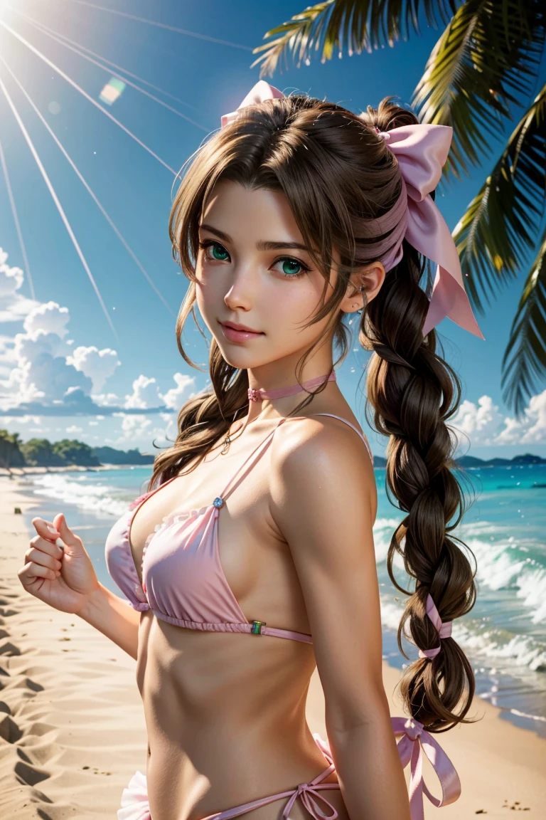 Aerith,FF7, Long Hair, bangs, Brown Hair, bow, ribbon, jewelry, Green Eyes, hair ピンクribbon, Braiding, hair bow, Side Lock, choker, necklace, lips, parted bangs, pink bow, Portraiture, Realistic,Super high quality,high quality,masterpiece,Digital SLR,Detailed explanation,Exquisite details,Anatomical basis,Detailed Description,Detailed face,Realistic skin texture,Sharp details,Perfect Anatomy,Perfect Anatomy,Anatomically correct hand,Anatomically correct fingers,Super Detail,Complex 3D rendering,Sexy pose,The beautiful world of Final Fantasy 7,Pink ruffled swimsuit,Wet,Beautiful blue sky,Beautiful beaches,Fantastic beaches,shooting star,Fantasy worldview,Picturesque,Pink Lips,smile,Brighten up your expression,