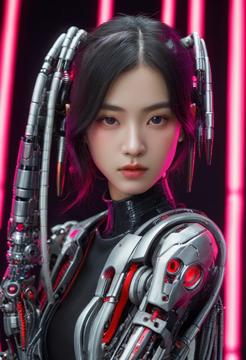 xxmixgirl. Highly detailed professional 35mm film, bokeh, face in sharp focus. A robotic female, Miku, with ((metal skin)), ((perfect Asian eyes)) with magenta irises and ((black pupils)), beautiful serious (detailed face), 18 year old ((photorealistic face)), very long magenta twin tails of magenta hair, twin black hair ties with a single red stripe. She may have a black audio headpiece. We can see her ((full body)) down to her boot soles. Her outfit is a sleeveless collared light grey shirt, outlined in red around the frilled collar and hems. Shiny reflective ((metallic breast cups, dimpleless)), invisible nipples. She wears black sleeves with red hems that start around her upper arm and bellow out as the sleeves open and extend to her wrists, with wide trumpet red rimmed cuffs. She has perfect robotic (detailed hands). She wears a red colored tie with two horizontal solid parallel black lines halfway across. She wears a fabric black skirt with a horizontal red hem at the bottom all the way around; her (((black skirt wraps around her))) and ((her skirt completely covers)) her robotic waist and thighs. Tall black boots with red bottom soles, a red rim around the top at her thighs. Her mechanical shoulder joints are visible. We can see her robotic legs and robotic neck. Half of her is covered with shiny polished machinery. The background is a distant dark neon futuristic Japanese city, gold, cyan, violet neon, near harbor or mountains.