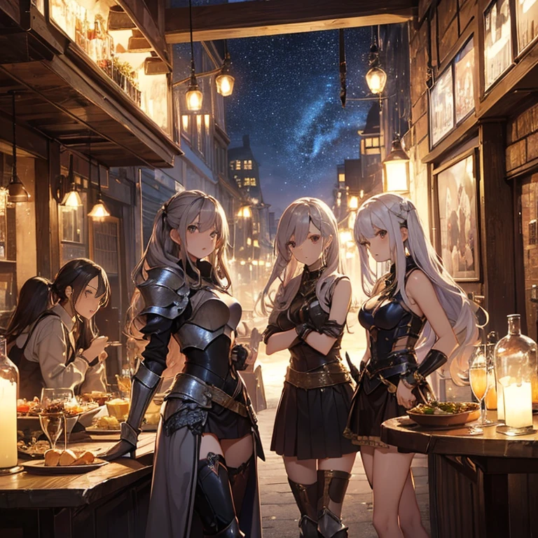 A group of young female knight, (in tavern), various hair styles, harem, wearing armored clothes, metal armor, night, details face, , short skirt, seducing, sword, sleeveless , night, starry night