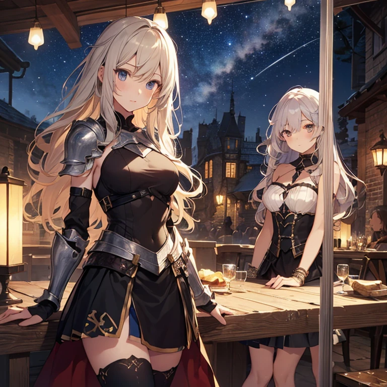 A group of young female knight, (in tavern), various hair styles, harem, wearing armored clothes, metal armor, night, details face, , short skirt, seducing, sword, sleeveless , night, starry night