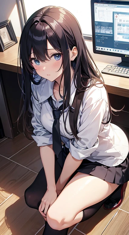 masterpiece highest quality high resolution、Angle from the front,Attractive office lady,28 years old,Long Hair, Sit with your knees hugged、eight-headed body、Beautiful feet 、On the office floor、Embarrassing,Anime girl sitting on the office floor hugging her knees, a hyperRealistic office lady, Anime girl crouching, Beautiful cute girl anime visuals, Beautiful anime girl crouching, Smooth anime CG art, Realistic , 