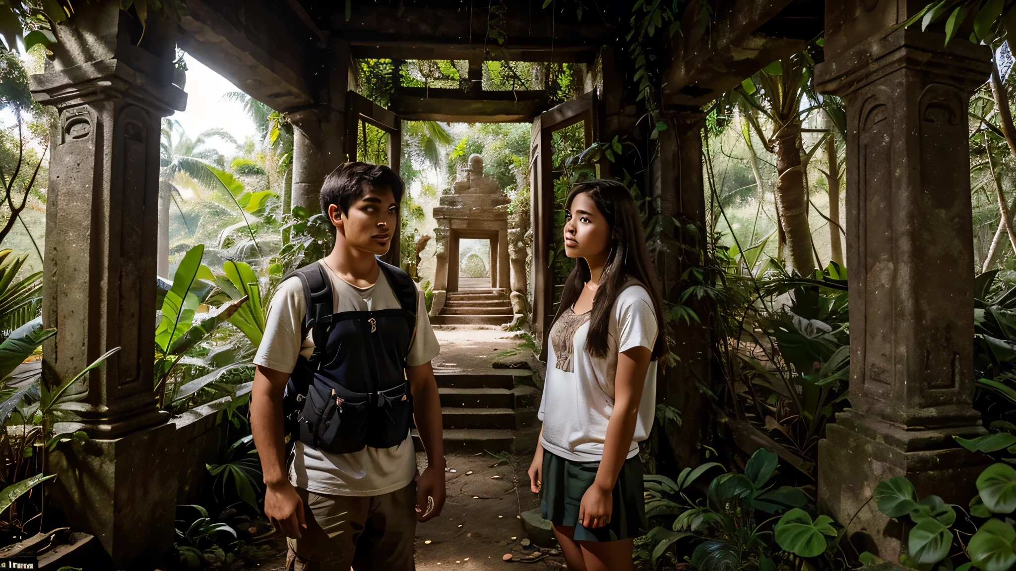 A teenage girl and her father, both dressed for an expedition, explore an ancient, overgrown temple in the jungle. The young girl stands before a carved temple entrance, the expression on her face a mixture of surprise and awe
