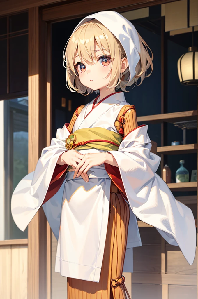 Wooden Humanoid Puppet,Wood grain body,child女に似せて作られた,wear the kimono,child,児,Small,Illustrated,((Hand out a towel)),zoom in, body is doll