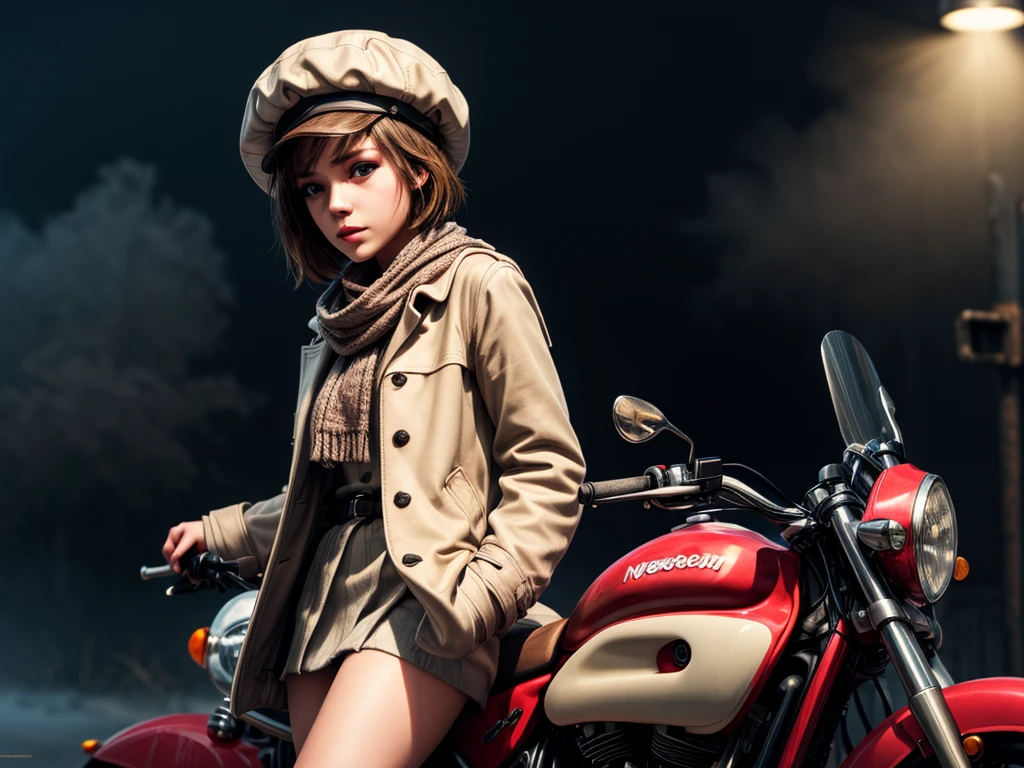 masterpiece, highest quality, (solo focus), (perfect face:1.1), (high detail:1.1), 1girl, brown hair, blue eyes, (pink, cream, and brown clothes), large scarf, ((cream pea coat)), brown short skirt, (((newsboy hat))), detailed background, wasteland, leaning on motorcycle, heavy fog, eerie cityscape, cinematic lighting
