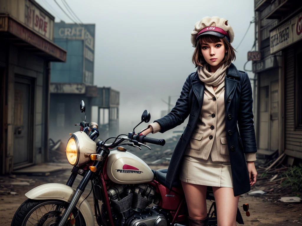 masterpiece, highest quality, (solo focus), (perfect face:1.1), (high detail:1.1), 1girl, brown hair, blue eyes, (pink, cream, and brown clothes), large scarf, ((cream pea coat)), brown short skirt, (((newsboy hat))), detailed background, wasteland, leaning on motorcycle, heavy fog, eerie cityscape, cinematic lighting
