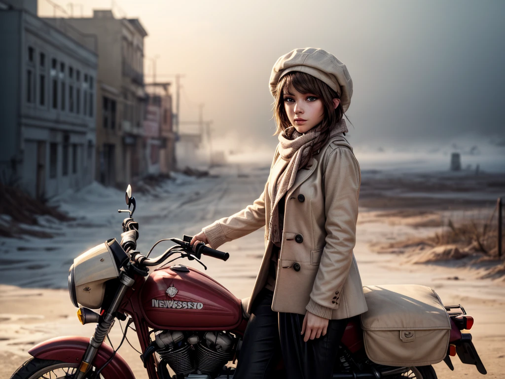 masterpiece, highest quality, (solo focus), (perfect face:1.1), (high detail:1.1), 1girl, brown hair, blue eyes, (pink, cream, and brown clothes), large scarf, ((cream pea coat)), brown short skirt, (((newsboy hat))), detailed background, wasteland, leaning on motorcycle, heavy fog, eerie cityscape, cinematic lighting
