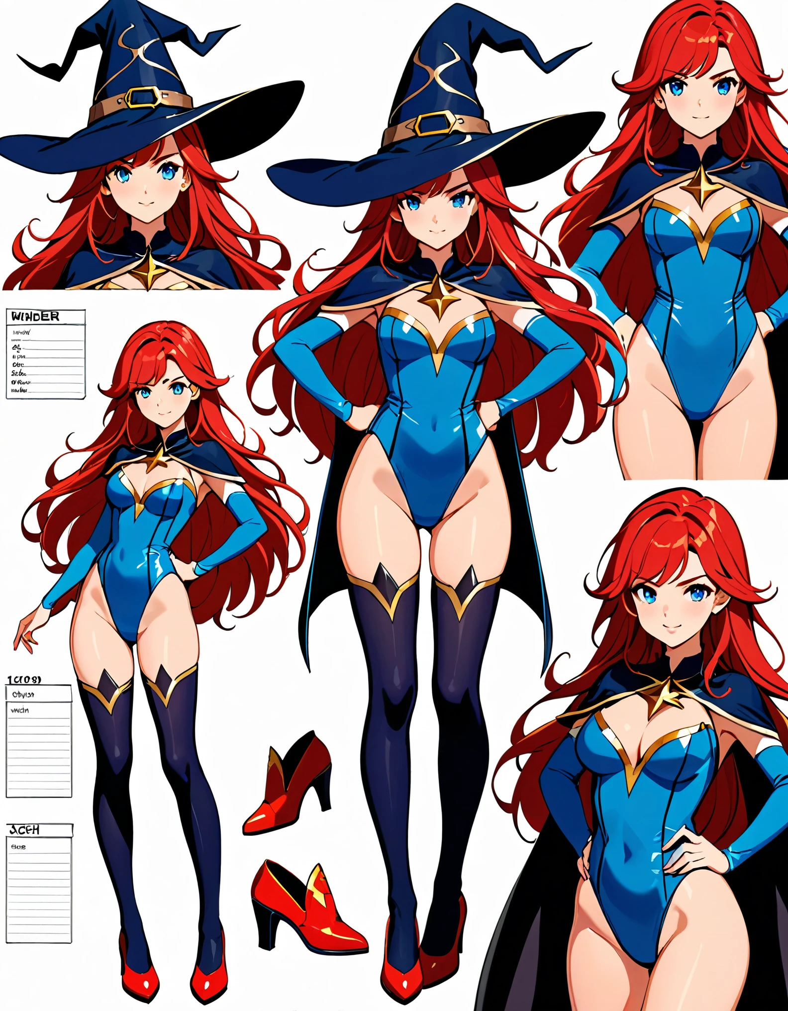 (masterpiece), (best quality), (highres), 1girl, high school student, superhero, superhero sorceress witch, sky witch, (leotard, blue leotard with white accents), bare legs, (blue thigh-highs), (red high heels), witch hat, red hair, long hair, blue eyes, beautiful detailed eyes, beautiful detailed face, cute face, medium breasts, -18, solo, solo focus, wonder, Simple background, Multiple Views, Character Sheet Full-Length.