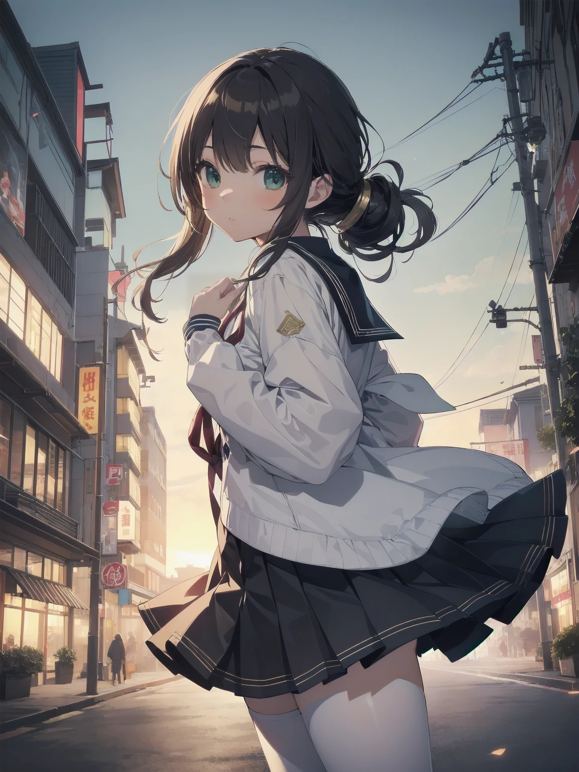 Masterpiece, illustration, super detailed, kawaii, one girl, 独奏, slender 14 year old, Japanese girl, chou chou, ribbon, nape of neck, low ponytail, cute pose in Less revealing attire, (green sailor outfit, two gold lines), large gold ribbon, priss skirt, black pantyhose, , Long Sleeves, White innerwear for sailor suit, living room, cowgirl shot, sfw, dynamic angle、Close-up on the characters、(building, city、A dense fog of fluorescent particles、1800Era、Japanese Style、Fiction、grow、Overwhelming、Detailed street)、A beautiful girl with a beautiful background and a super cute pose