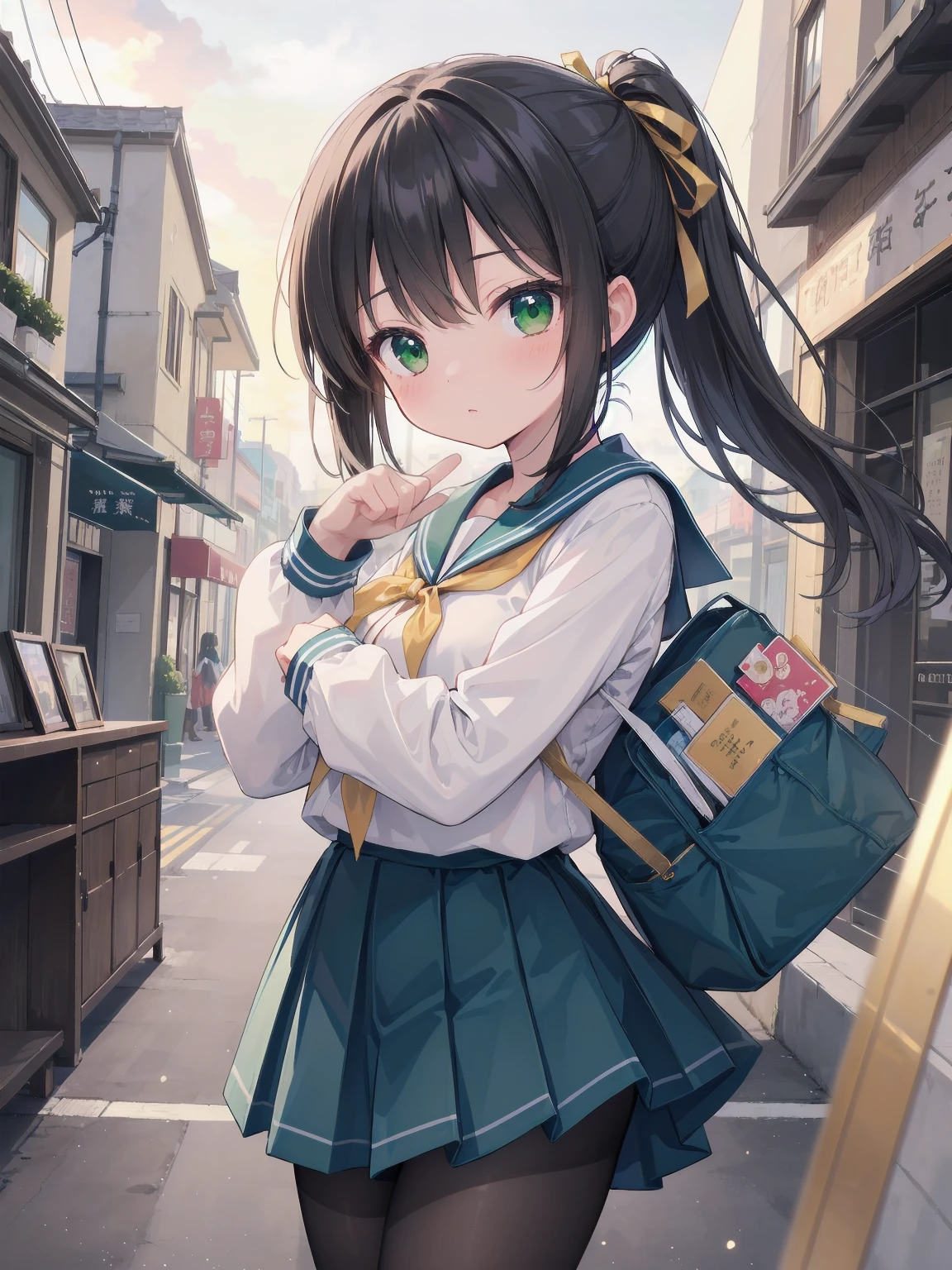Masterpiece, illustration, super detailed, kawaii, one girl, 独奏, slender 14 year old, Japanese girl, chou chou, ribbon, nape of neck, low ponytail, cute pose in Less revealing attire, (green sailor outfit, two gold lines), large gold ribbon, priss skirt, black pantyhose, , Long Sleeves, White innerwear for sailor suit, living room, cowgirl shot, sfw, dynamic angle、Close-up on the characters、(building, city、A dense fog of fluorescent particles、１８００Era、Japanese Style、Fiction、grow、Overwhelming、Detailed street）、A beautiful girl with a beautiful background and a super cute pose
