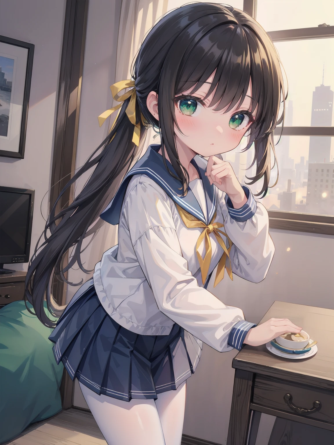 Masterpiece, illustration, super detailed, kawaii, one girl, 独奏, slender 14 year old, Japanese girl, chou chou, ribbon, nape of neck, low ponytail, cute pose in Less revealing attire, (green sailor outfit, two gold lines), large gold ribbon, priss skirt, black pantyhose, , Long Sleeves, White innerwear for sailor suit, living room, cowgirl shot, sfw, dynamic angle、Close-up on the characters、(building, city、A dense fog of fluorescent particles、1800Era、Japanese Style、Fiction、grow、Overwhelming、Detailed street)、A beautiful girl with a beautiful background and a super cute pose