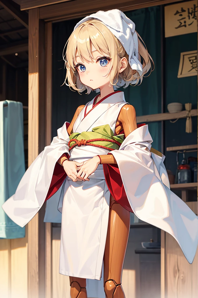 Wooden Humanoid Puppet,Wood grain body,child女に似せて作られた,wear the kimono,child,児,Small,Illustrated,((Hand out a towel)),zoom in, body is doll