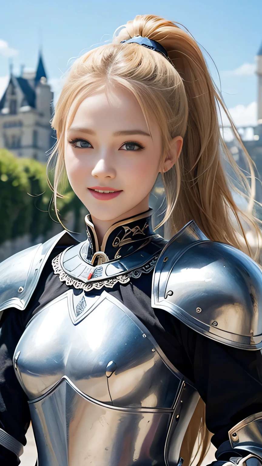 Highest quality、masterpiece、Delicate and beautiful face、Eye and facial details、female knight、Beautiful woman、Black clothes、Cosplay、Medieval European castle in the background、Textured skin、Super Detail、Attention to detail、Blonde、Blue Eyes、Smiling face、ponytail、Beautiful girl