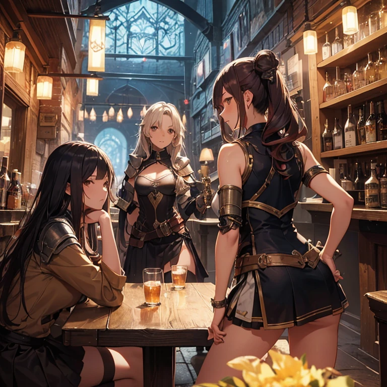 A group of female medieval fantasy adventurers, (in tavern), various hair styles, harem, night, details face, short skirt, seducing, sleeveless, armor