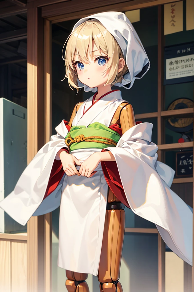 Wooden Humanoid Puppet,Wood grain body,child女に似せて作られた,wear the kimono,child,児,Small,Illustrated,((Hand out a towel)),zoom in, body is doll