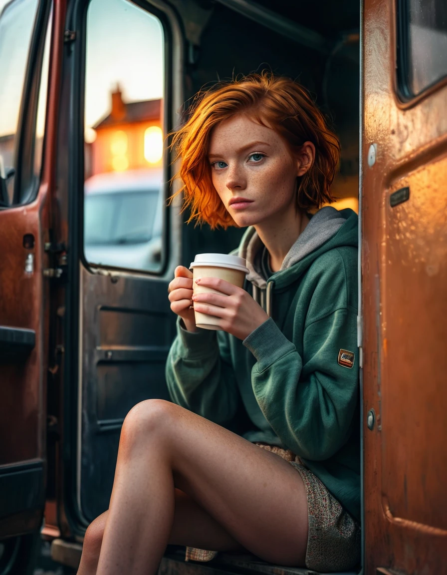 cinematic Photorealistic picture of a beautiful short ginger hairstyle homeless girl, sitting inside her opening door van home with a cup of take away coffe cup, hungry, try to stay positive in her uncertain future, sad eye, bokeh, shallow depth of field, late afternoon natural lighting fuses with neon city light