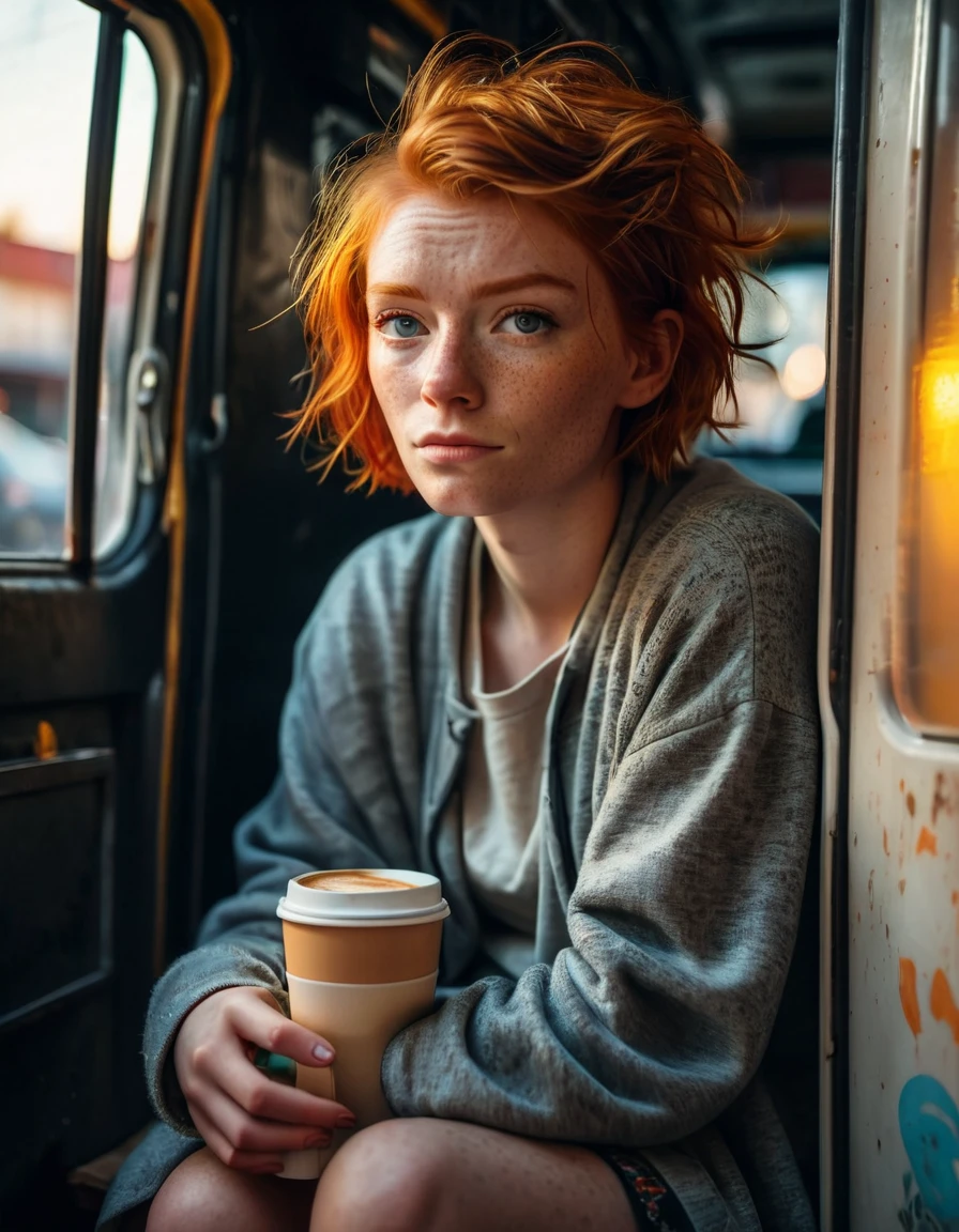 cinematic Photorealistic picture of a beautiful short ginger hairstyle homeless girl, sitting inside her opening door van home with a cup of take away coffe cup, hungry, try to stay positive in her uncertain future, sad eye, bokeh, shallow depth of field, late afternoon natural lighting fuses with neon city light