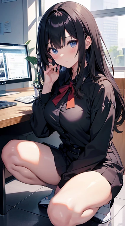 masterpiece highest quality high resolution、Angle from the front,Attractive office lady,28 years old,Long Hair, Sit with your knees hugged、eight-headed body、Beautiful feet 、White panties,On the office floor、Embarrassing,Anime girl sitting on the office floor hugging her knees, a hyperRealistic office lady, Anime girl crouching, Beautiful cute girl anime visuals, Beautiful anime girl crouching, Smooth anime CG art, Realistic ,