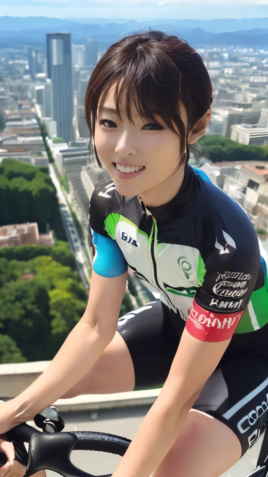 (((Using perfect anatomy, the limbs are carefully depicted down to the fingertips))),A beautiful woman representing Japan in the Olympic road bike race,(((View of the Arc de Triomphe and the Olympic flag))),Masterpiece,(Highest quality,4K High Resolution,masterpiece:1.2),Very detailed,Realistic photos,(((perfect anatomy))),(((Ulzan 6500))),A bust-up portrait with impressive depth of field,(((Shiho, 20 years old,Super short hair with curled ends looks good on her,Boyish professional cyclist,The colorful short-sleeved cyclist suit and binding shoes are very cute,Looking down on the world below while riding a road bike from the summit with a great view,A sense of superiority and accomplishment brings a big smile to your face,A cycling course in the mountains with beautiful fresh greenery,A photo of Shiho from the front as she straddles her cool Cannondale road bike,(((The coke bottle body that boasts a slim waist))),Be frozen in a moment of breathtaking splendor and elegance, graceful pose and fluid movements,Accented with dynamic cocktail rays and particle effects,The style of the photo resembles a fantasy watercolor painting.,Emphasis on fluidity and beauty,Camera parameters: Nikon Z6,F/1.4,ISO320,Shutter Speed 1/500,8KHighest quality,A photo with a striking contrast of light and shadow,