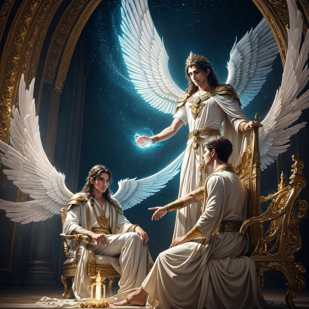A majestic and ethereal image of the god Mercury hovering in the air, whispering words to a young man seated before him. the young man is lost in his thought. The scene is depicted in an epic, realistic, and fantastical style. The god is portrayed with intricate details: his flowing robes shimmering in iridescent hues, his face exuding wisdom and power, and his wings glowing with an otherworldly light. This captivating painting captures the essence of divine communication in a vivid and mesmerizing way, showcasing the artist's exceptional talent and attention to detail.