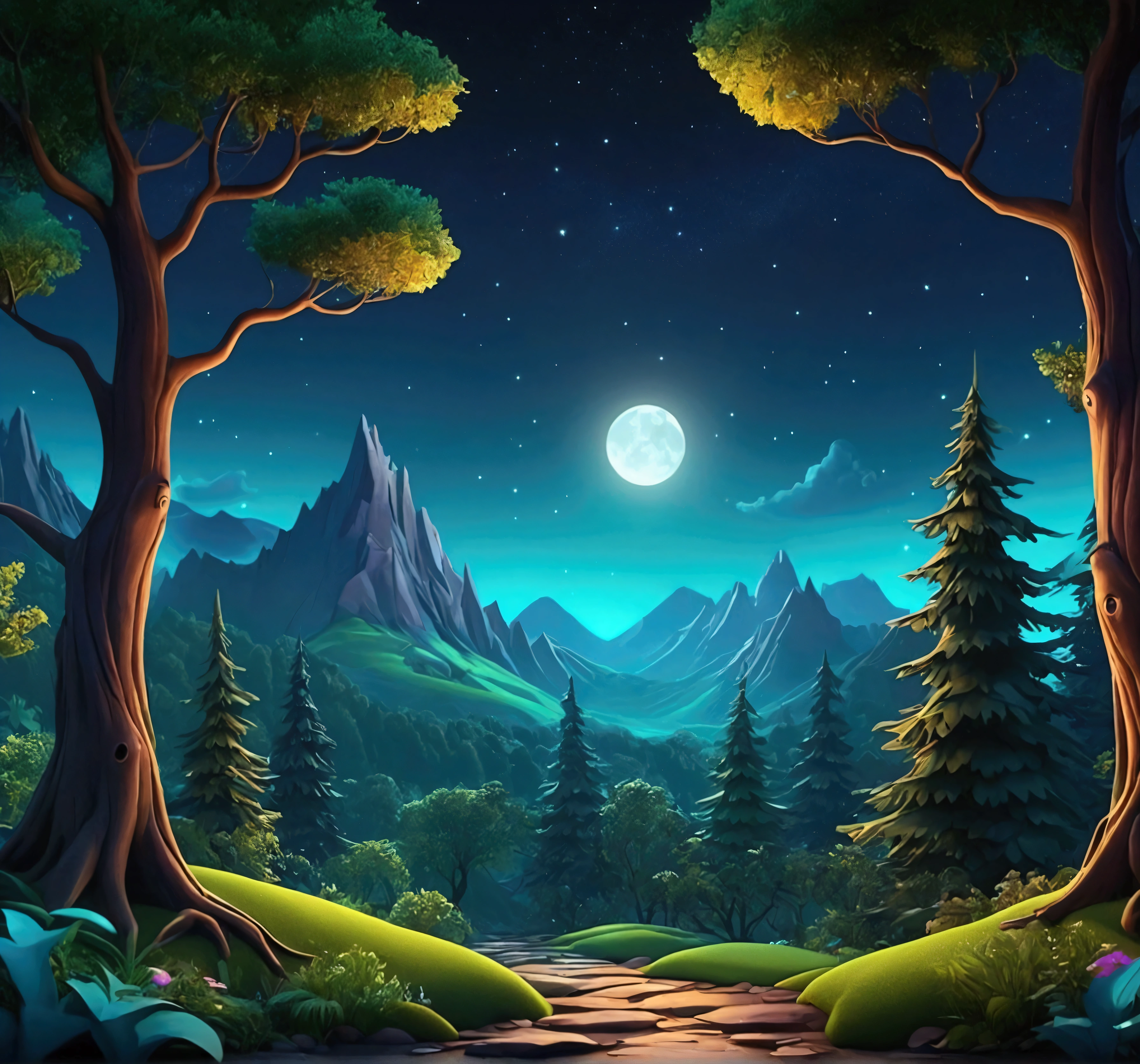 enchanted forest night mountains and trees cartoon quality 4k image