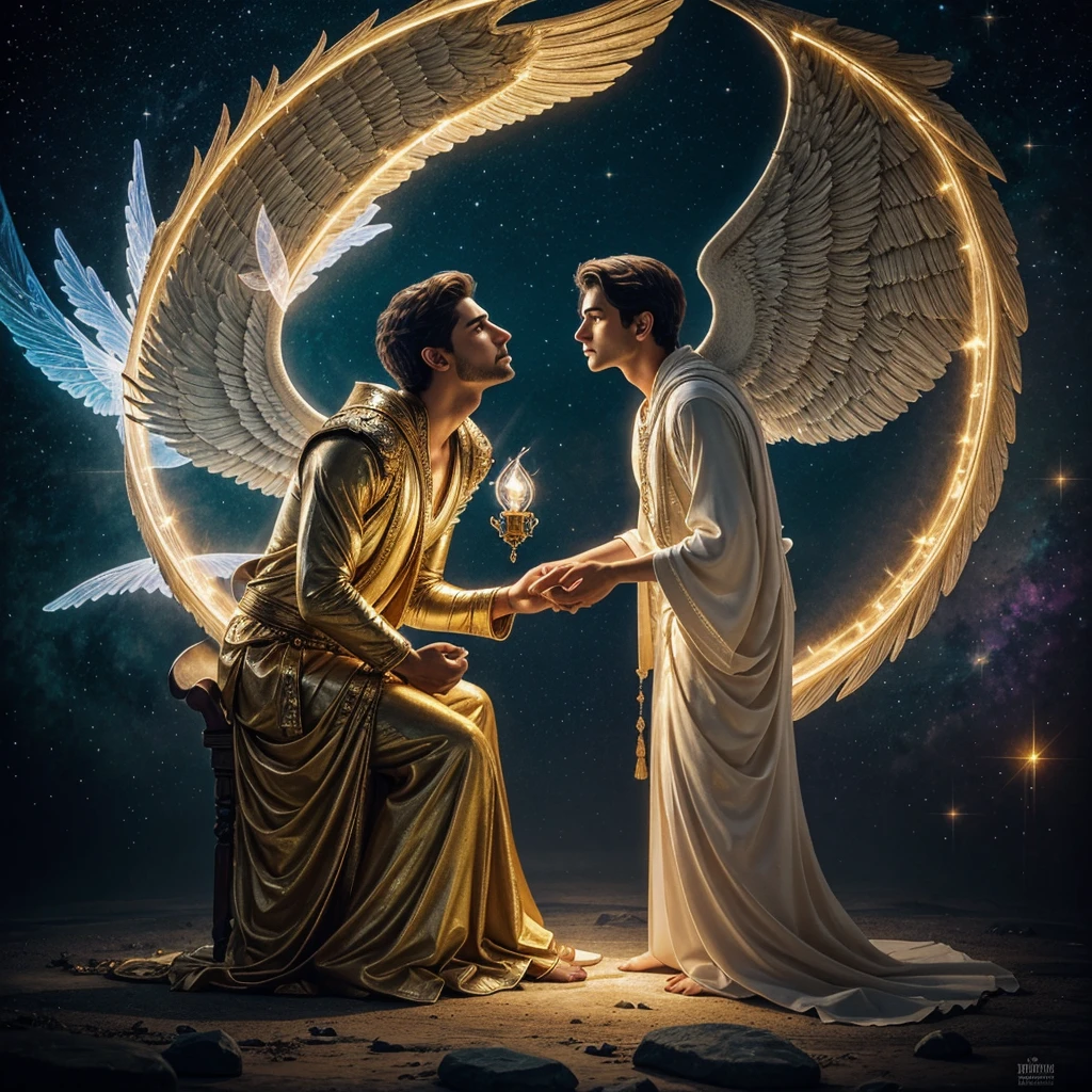 A majestic and ethereal image of the god Mercury hovering in the air, whispering words to a young man seated before him. the young man is lost in his thought. The scene is depicted in an epic, realistic, and fantastical style. The god is portrayed with intricate details: his flowing robes shimmering in iridescent hues, his face exuding wisdom and power, and his wings glowing with an otherworldly light. This captivating painting captures the essence of divine communication in a vivid and mesmerizing way, showcasing the artist's exceptional talent and attention to detail.