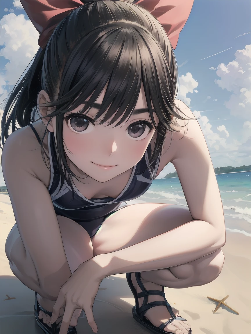 (realistic, photo realistic:1.2), ((highest quality)), move the center of gravity backwards, pretty embarrassing, takane manaka, ponytail, hair bow, School swimsuit, Tiny breasts, (squat:1.4), put the heel on the ground, spread legs, squat with your knees up, Attach your ass to the ground, beautiful face details, real human skin, gentle expression, Front view, angle from below, realistic, photorealistic, cute, squat deep on beach, whole body, Smile, natural smile, charming smile, enchanting smile, (looking at the viewer:1.2), From before, from below, (wind:1.1)