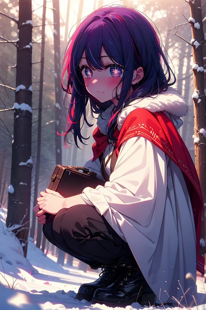 aihoshino, Ai Hoshino, Long Hair, bangs, (Purple eyes:1.1), Purple Hair, (Symbol-shaped pupil:1.5), smile,,smile,blush,white breath,
Open your mouth,snow,Ground bonfire, Outdoor, boots, snowing, From the side, wood, suitcase, Cape, Blurred, , forest, White handbag, nature, Squat, Mouth closed, Cape, winter, Written boundary depth, Black shoes, red Cape break looking at viewer, Upper Body, whole body, break Outdoor, forest, nature, break (masterpiece:1.2), Highest quality, High resolution, unity 8k wallpaper, (shape:0.8), (Beautiful and beautiful eyes:1.6), Highly detailed face, Perfect lighting, Highly detailed CG, (Perfect hands, Perfect Anatomy),