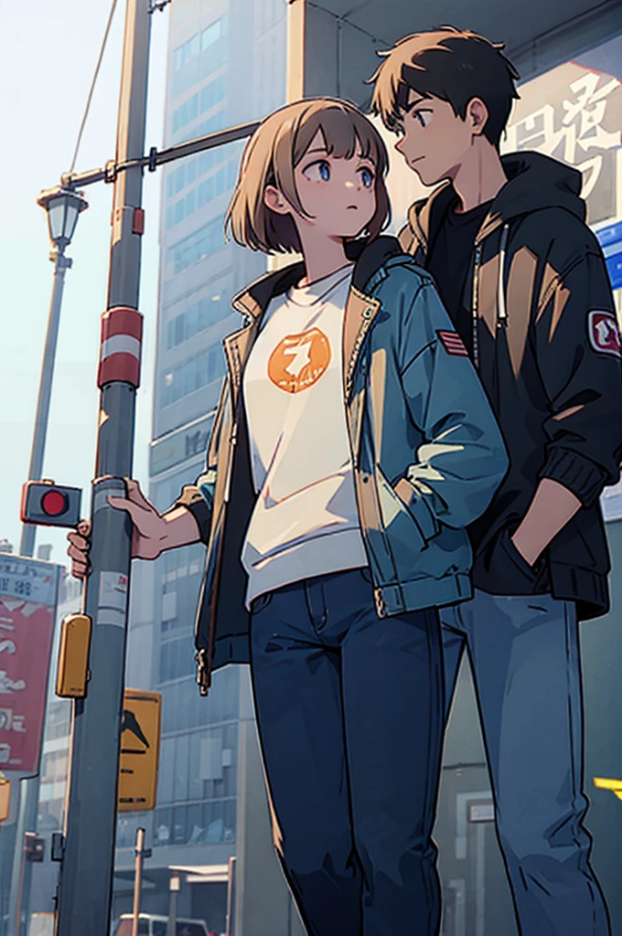 Put your hands in your jacket pockets、Walking、men and women、jeans、the way、Electric pole、We are looking at each other、Two people