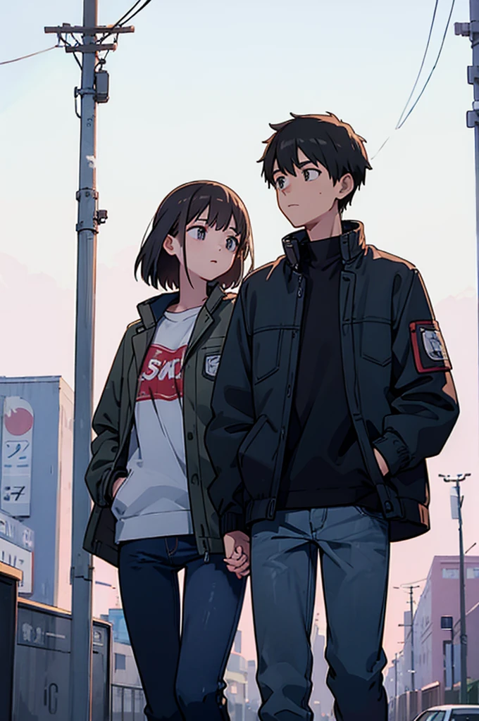 Put your hands in your jacket pockets、Walking、men and women、jeans、the way、Electric pole、We are looking at each other、Two people