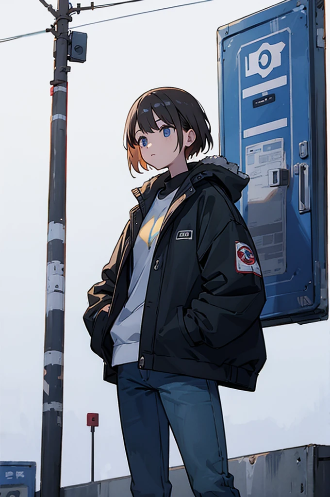 Put your hands in your jacket pockets、Walking、men and women、jeans、the way、Electric pole、We are looking at each other、Two people