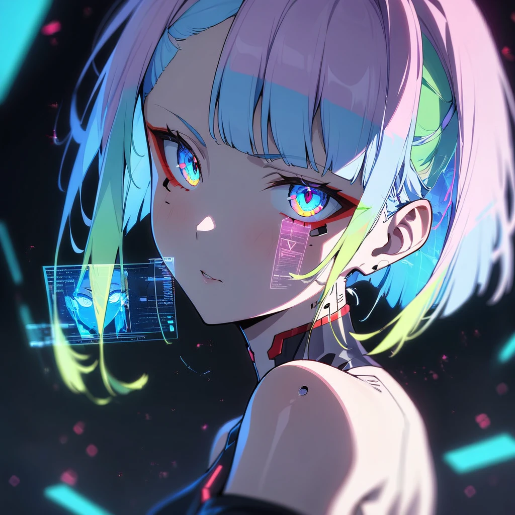 1 girl, One, Lucy \(cyberpunk\), cyberpunk \(row\), Asymmetrical Hair, short hair, blue hair, green hair, pink hair, multicolored hair, Blue eyes, Eyeliner, eyeshadow, draw up, bare shoulders, portrait, I look at the viewer, cyberpunk, hlpr, Futuristic, hologram, failure, holographic face, пользовательский interface, interface, Nodes, particles, depth of field, hips, masterpiece, Best quality, very aesthetic, absurdity,