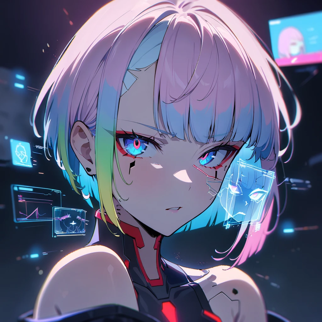 1 girl, One, Lucy \(cyberpunk\), cyberpunk \(row\), Asymmetrical Hair, short hair, blue hair, green hair, pink hair, multicolored hair, Blue eyes, Eyeliner, eyeshadow, draw up, bare shoulders, portrait, I look at the viewer, cyberpunk, hlpr, Futuristic, hologram, failure, holographic face, пользовательский interface, interface, Nodes, particles, depth of field, hips, masterpiece, Best quality, very aesthetic, absurdity,