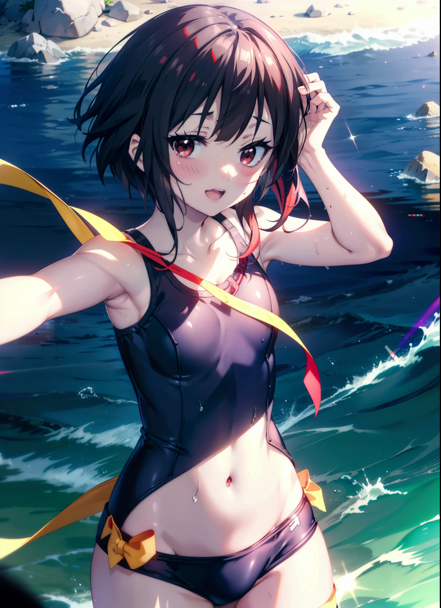 konosubaMegumin, Megumin, short hair, Black Hair, (Red eyes:1.3), short hair with long locks,happy smile,smile, Open your mouth, School Swimsuit,Water Play,Wet Hair,Wet Skin,Wet swimsuit,whole bodyがイラストに入るように,True Summer,Clear skies,Daytime, break outdoor, Beach,Sandy Beach, break looking at viewer, whole body, (Cowboy Shot:1. 5), break (masterpiece:1.2), Highest quality, High resolution, unity 8k wallpaper, (figure:0.8), (Beautiful attention to detail:1.6), Highly detailed face, Perfect lighting, Highly detailed CG, (Perfect hands, Perfect Anatomy),