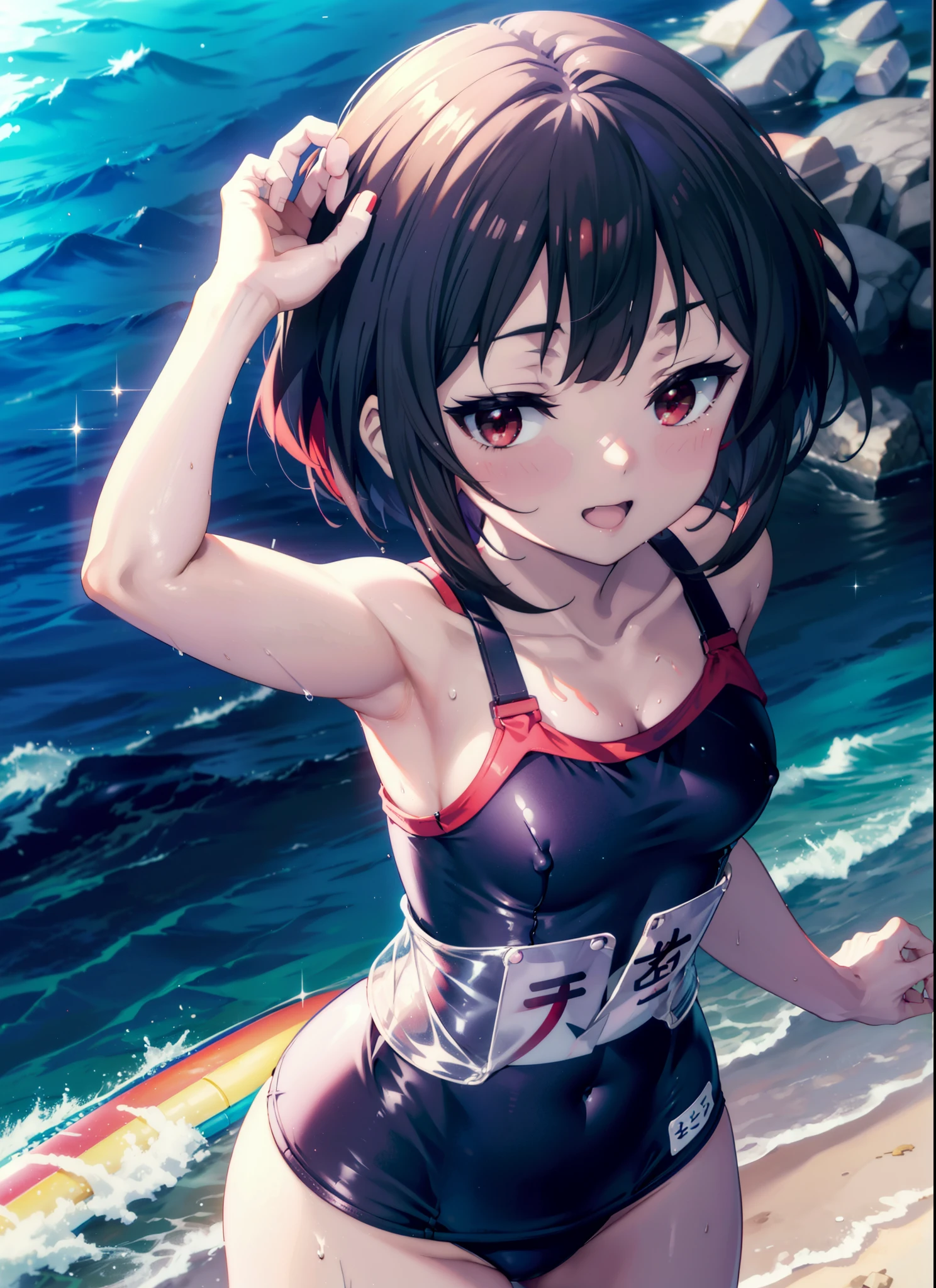konosubaMegumin, Megumin, short hair, Black Hair, (Red eyes:1.3), short hair with long locks,happy smile,smile, Open your mouth, School Swimsuit,Water Play,Wet Hair,Wet Skin,Wet swimsuit,whole bodyがイラストに入るように,True Summer,Clear skies,Daytime, break outdoor, Beach,Sandy Beach, break looking at viewer, whole body, (Cowboy Shot:1. 5), break (masterpiece:1.2), Highest quality, High resolution, unity 8k wallpaper, (figure:0.8), (Beautiful attention to detail:1.6), Highly detailed face, Perfect lighting, Highly detailed CG, (Perfect hands, Perfect Anatomy),