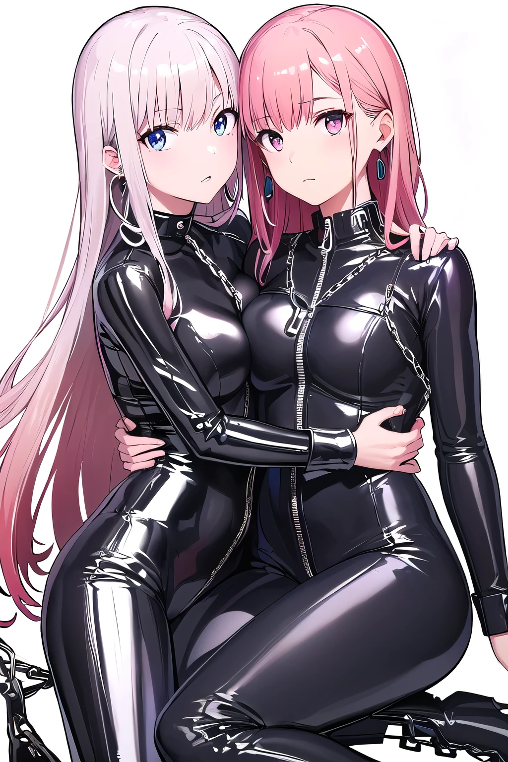 (8K, top-quality, masterpiece:1.2), (reallistic, Photorealsitic:1.37), Super Detail, One girl,), (Highly detailed), (beautifully detailed eyes), (of the highest quality), (super detailed ), (masterpiece), (Detailed face), 20yr old, 1 girl, (pink hair,long hair), medium , clothed, Perfect Lighting, BREAK (black and white color scheme:1.2), (monochrome:1.2), (metallic silver accents:1.2), (shiny bodysuit:1.5), (stretchy fabric:1.3), (leather:1.3), (vinyl:1.3), (chain details:1.5), (high-neck bodysuit:1.4), (long sleeves:1.4), (zipper with chain pull:1.4), (wide-leg bodysuit with O-ring:1.5), (high-waisted:1.4), (body-hugging silhouette:1.4), (silver accessories:1.4), (choker with chains:1.3), (handcuffs:1.3), (silver metallic platform boots:1.5), (boots with O-ring and chain:1.5), (statement earrings with chains:1.4), BRAKE (upper body and thighs:1.2), (long pink hair:1.2), (waves and side-swept bangs:1.2), (mysterious expression:1.2), (face turned slightly:1.2), (pulling chain:1.2), (hand on thigh:1.2), (white background:1.2), (bright light:1.2),
