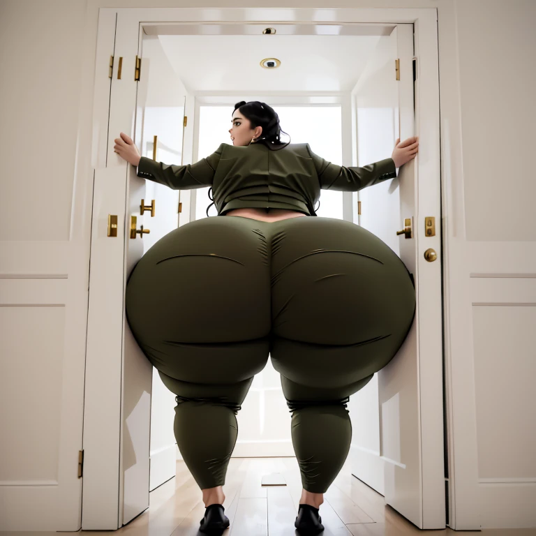 masterpiece, 1girl behind a ship doorway, from behind, (doorstuck, stuckback:1.3), ssbbw ,huge wide hips, round belly, thick thighs, giant butt,colorful clothing, wearing a olive green suit and tie and formal pants, upset, desperately trying to wiggle through, she tries to free herself but she won't budge, she is stuck tight view from behind, she is too wide, the doorway is quite narrow too, she kicks her legs furiously, trying to wiggle her hips through the small door, but its no good, the door is too small, she keeps trying to squeeze through with frustration, she is stuck too tight