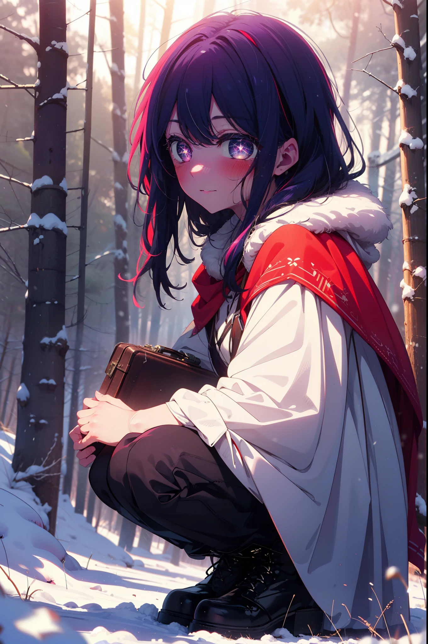 aihoshino, Ai Hoshino, Long Hair, bangs, (Purple eyes:1.1), Purple Hair, (Symbol-shaped pupil:1.5), smile,,smile,blush,white breath,
Open your mouth,snow,Ground bonfire, Outdoor, boots, snowing, From the side, wood, suitcase, Cape, Blurred, , forest, White handbag, nature, Squat, Mouth closed, Cape, winter, Written boundary depth, Black shoes, red Cape break looking at viewer, Upper Body, whole body, break Outdoor, forest, nature, break (masterpiece:1.2), Highest quality, High resolution, unity 8k wallpaper, (shape:0.8), (Beautiful and beautiful eyes:1.6), Highly detailed face, Perfect lighting, Highly detailed CG, (Perfect hands, Perfect Anatomy),