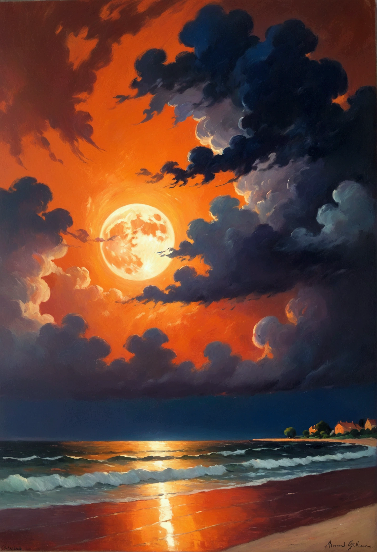 Impressionist Realism, Full moon on a stormy night, Orange light, Severe thunderstorm, The image has a confusing effect, The juxtaposition of its essence and the tranquility one feels when viewing it, A fierce storm left a peaceful heart, Make the audience think how good it is, masterpiece, 8K, Artworks by Armand Guillaumin