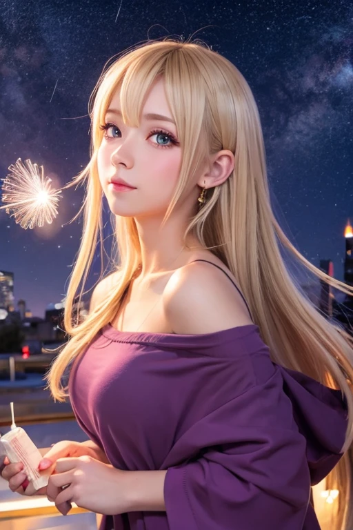 Anime style light blonde girl，Purple Eyes，Blowing bubbles under the stars
