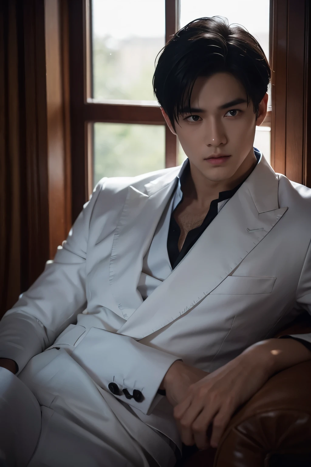 night, Pitch black, By the window, handsome boy, White suit, panic, Energy Flow, Red Moonlight, black eyes, Facial Ultra Detail, short black hair, Facial Ultra Detail, Highly realistic, 4K, Chiaroscuro, Ultra-high detail