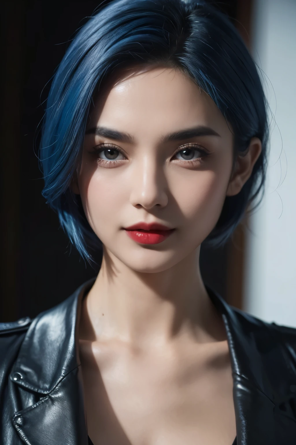 (((Remlia Scarlet))), (Bat Wings), (vampire), short hair, (((Blue Hair))), ((permanent)), ((((Close-up of face)))), ((jacket, Tight shirt)), Smile,,