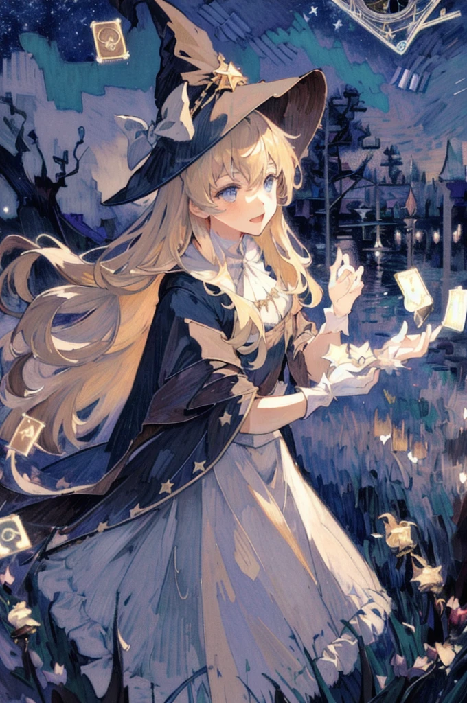 ((masterpiece:1.2, best quality)), 1 girl, Solitary, (Witch Hat), Blonde Hair, Long hair, skirt, aurora, night, Star (Sky), Gloves, Sky, white skirt, night Sky, open mouth, Starry Sky, blue eyes, ribbon, very Long hair, red skirt, Smile, hair ribbon, cape, Blue Hair, (bird), magic, Spellcasting, dark clouds, night, (Impressionism:1.4), (tarot cards:1.3), Alphonse Mucha,