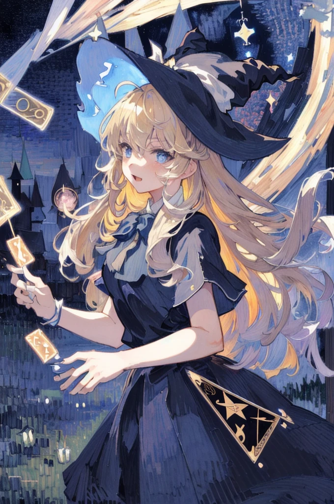 ((masterpiece:1.2, best quality)), 1 girl, Solitary, (Witch Hat), Blonde Hair, Long hair, skirt, aurora, night, Star (Sky), Gloves, Sky, white skirt, night Sky, open mouth, Starry Sky, blue eyes, ribbon, very Long hair, red skirt, Smile, hair ribbon, cape, Blue Hair, (bird), magic, Spellcasting, dark clouds, night, (Impressionism:1.4), (tarot cards:1.3), Alphonse Mucha,