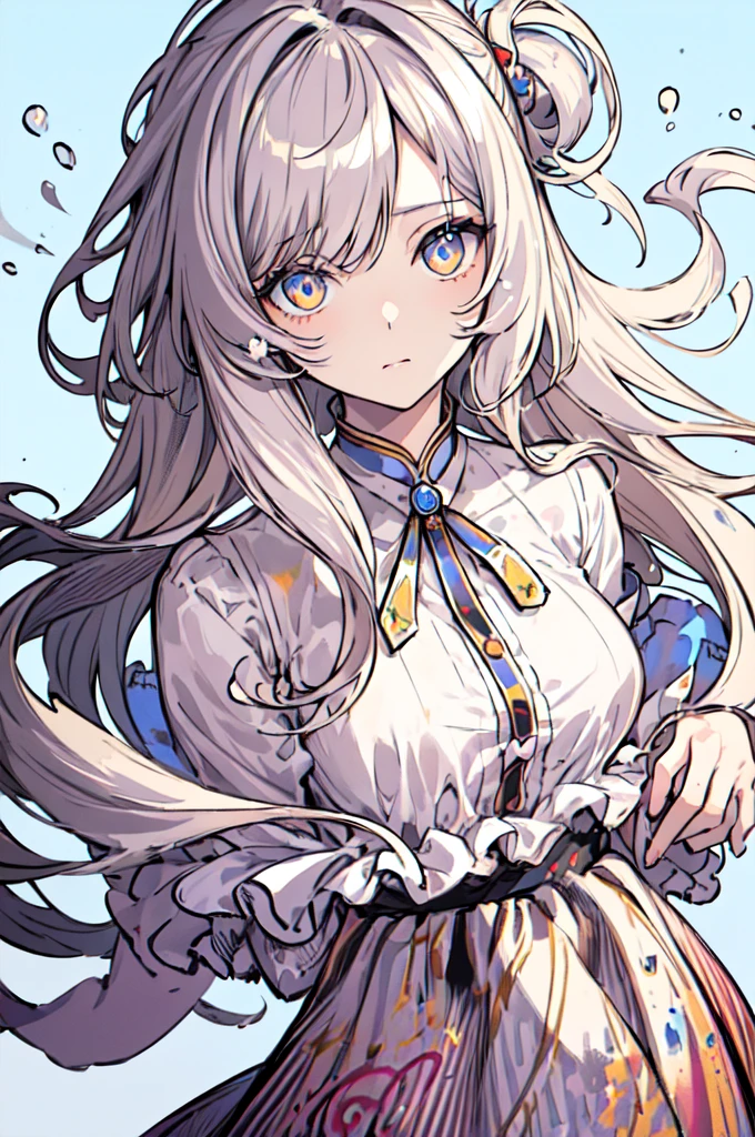 (masterpiece), (best quality), (Extremely detailed),(Messy hair),(illustration), (1 girl), (Fashion), permanent,fashion model,Looking at the audience, (interview), (Simple background),Beautiful and delicate eyes,Delicate and beautiful face,floating,(high saturation),(Colorful splash),Colorful bubbles,(shining),focus on face,