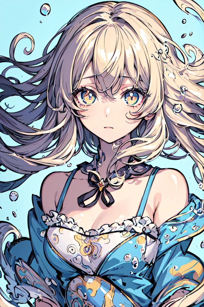 (masterpiece), (best quality), (Extremely detailed),(Messy hair),(illustration), (1 girl), (Fashion), permanent,fashion model,Looking at the audience, (interview), (Simple background),Beautiful and delicate eyes,Delicate and beautiful face,floating,(high saturation),(Colorful splash),Colorful bubbles,(shining),focus on face,