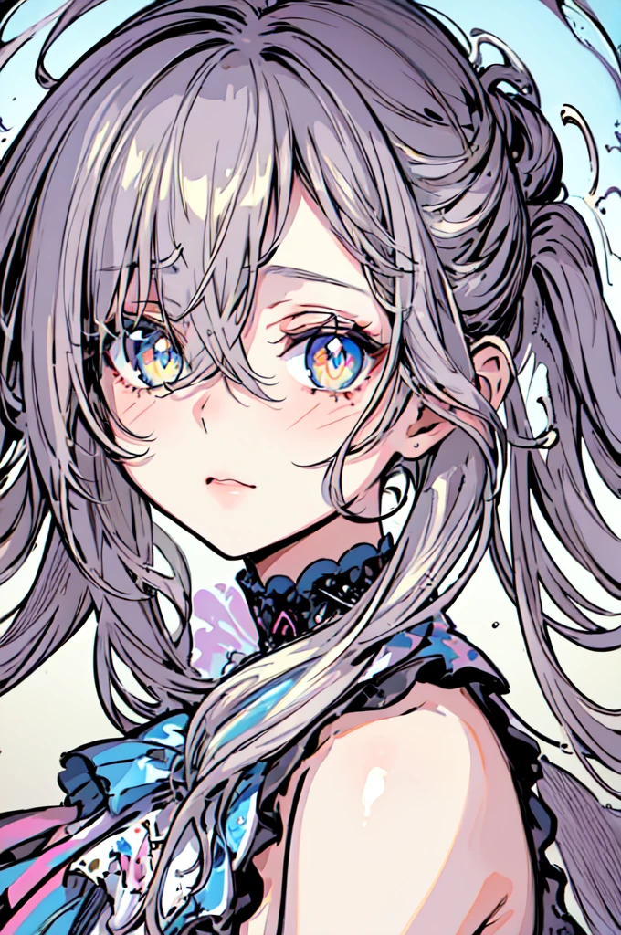 (masterpiece), (best quality), (Extremely detailed),(Messy hair),(illustration), (1 girl), (Fashion), eternal,fashion model,Looking at the audience, (interview), (Simple background),Beautiful and delicate eyes,Delicate and beautiful face,floating,(high saturation),(Colorful splash),Color bubbles,(shining),focus on face,